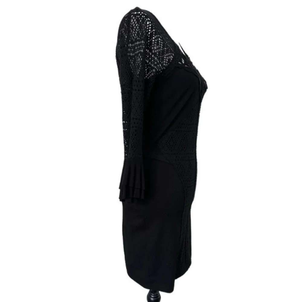 Free People City Girl Bodycon‎ Crotchet Bell Sleeve Mini Dress Black Size S